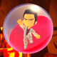 A stern cartoon man in a nice suit appears unhappy to be trapped in a plastic ball.